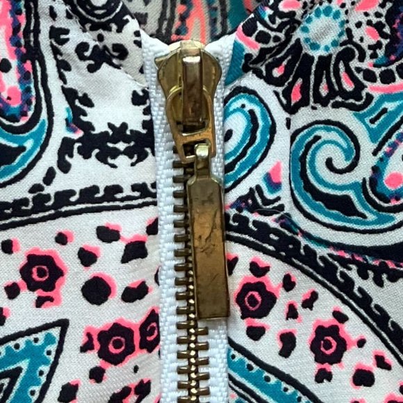 Express Patterned Cap Sleeve Portofino Shirt, Size S Small, Blue, Pink, White - Picture 6 of 6